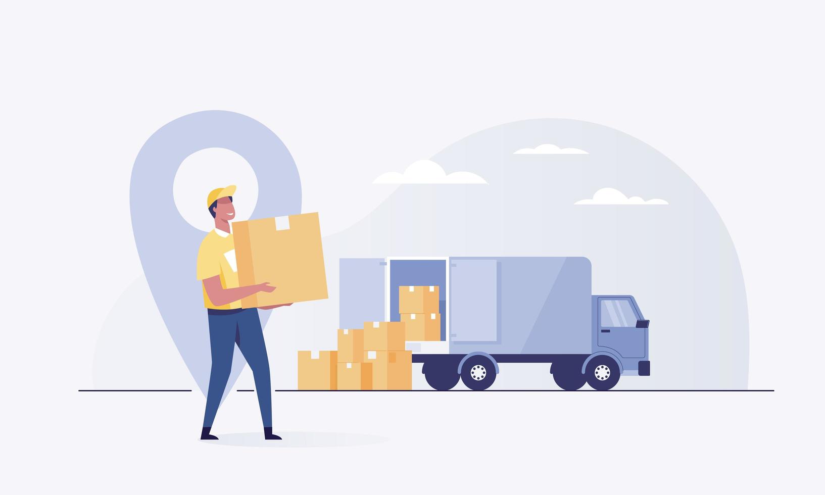 courier with the parcel on the background of the delivery service van vector
